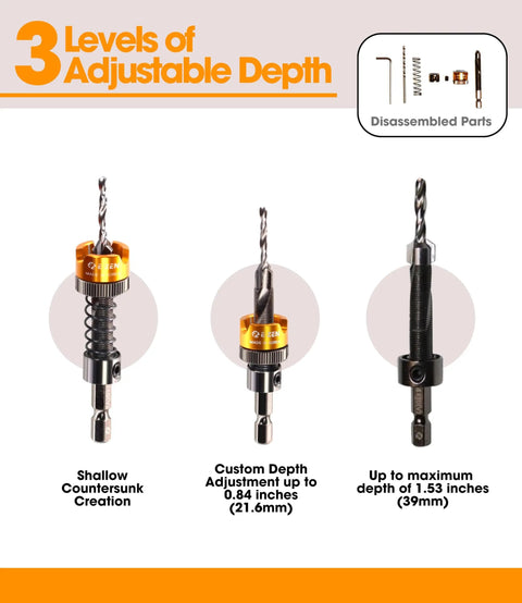 Adjustable Countersink Drill Bit With Zero Hassle Tool Free Depth Adjustment, showing 3 depth settings up to 1.53 inches for wood prep.