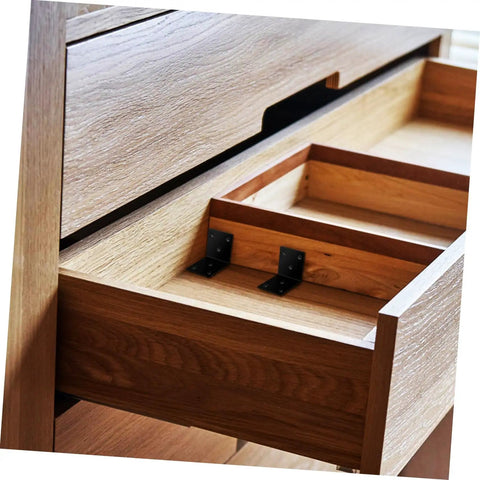 Built Tough Iron Corner Brackets For Cabinet Repair With Included Screws For Quick Diy Fixes No Sweat Power Drill Install For Shelves And Tables Slick Black Heavy Duty L Bracket Shelf Support Hardware Pack attached to cabinet drawer.