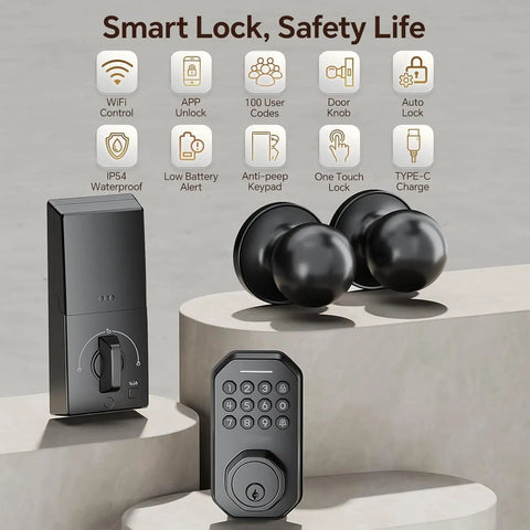 Top Shelf Wifi Keyless Entry Door Lock With Matte Black Knob Set And Smart Keypad App Control Plus One Hundred Security Codes For No Sweat Installation And Rock Solid Daily Privacy