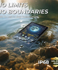 Badass Rugged Android 14 Tablet Built Different For UTV Adrenaline Rides And Gritty Job Sites Featuring Unmatched Screen Clarity And Bulletproof Drop Resistant Armor partially submerged in water among rocks.