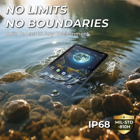 Badass Rugged Android 14 Tablet Built Different For UTV Adrenaline Rides And Gritty Job Sites Featuring Unmatched Screen Clarity And Bulletproof Drop Resistant Armor partially submerged in water among rocks.
