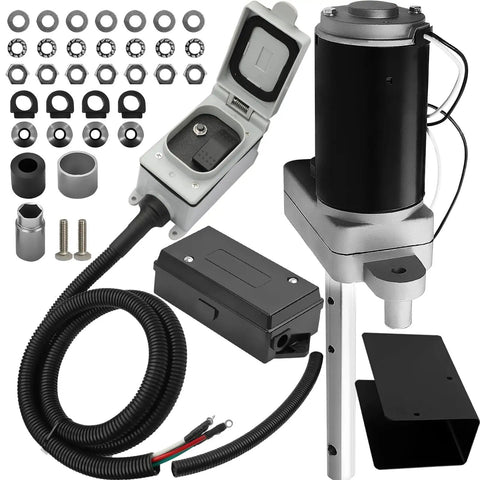 Electric Powered Trailer Jack Kit 12,000 Lbs 12V Heavy Duty Single Speed Tongue Jack With Control Switch, visible components and cables