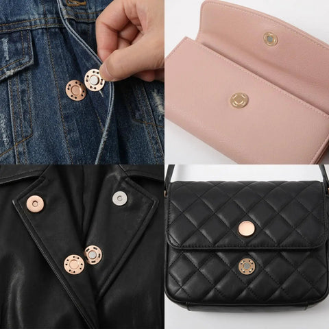 Image showing 12 Pairs Killer Hold Magnetic Snaps on denim, leather, and pink fabric for bags and clothing repair.