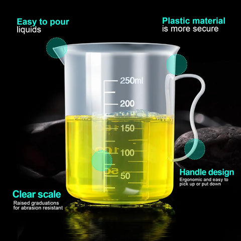 Classroom Science Kit With Plastic Graduated Cylinders And Beakers Set, 250ml beaker with yellow liquid, clear scale and handle