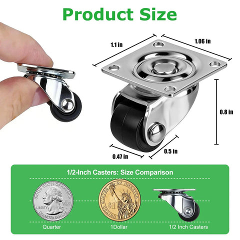 Low Profile Nylon Caster Wheels 1/2 Inch Smooth Rolling Swivel Casters For Light Furniture And Home Appliances product size and dimensions