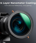 Close-up of 67mm Variable ND And CPL Two In One Filter For Camera Lenses Waterproof Nano D Series attached to a camera lens.
