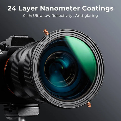 Close-up of 67mm Variable ND And CPL Two In One Filter For Camera Lenses Waterproof Nano D Series attached to a camera lens.