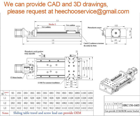 Technical drawing of Beefy Heavy Duty Sliding Table Travel Kit With 8 Inch Travel 1605 Ball Screw HG15 Linear Rail Guide 250 Kg Load