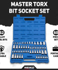 60-Piece Master Torx Bit Socket And External Torx Socket Set In S2 And Cr-V Steel with open blue carrying case displayed