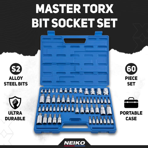 60-Piece Master Torx Bit Socket And External Torx Socket Set In S2 And Cr-V Steel with open blue carrying case displayed