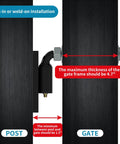 5/8 In J-Bolt Gate Hinge Set installation for wooden and iron gates, showing bolt-in or weld-on method with measurements.