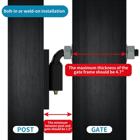 5/8 In J-Bolt Gate Hinge Set installation for wooden and iron gates, showing bolt-in or weld-on method with measurements.
