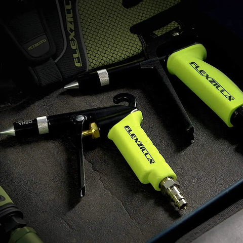 Ergonomic 6 Piece Blow Gun Kit With Variable Flow Trigger For Precise Air Control In Green Finish X3 Gun Bodies Easy Storage And Durable Construction AG1200FZKIT Pro Grade displayed on a dark surface