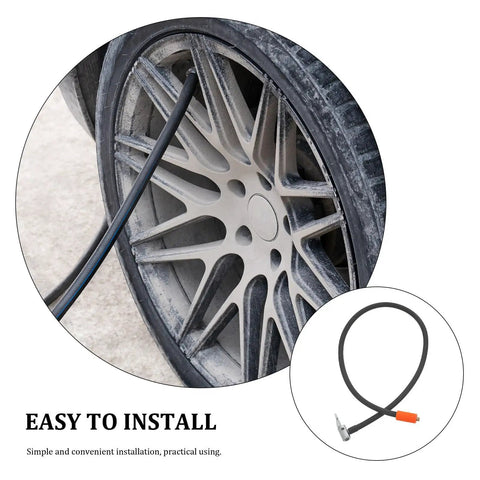 Rock Your Ride With This Universal Metal Tire Inflator Extension Tube For Motorbike And Bike At 31.5 Inch Length Fitting Car Air Pump And Hand Pump Ensuring Tight Seal Leak Free Security High Pressure Keeping Tires Packed Without Leaks Ruining Fun. metal inflator hose on car wheel