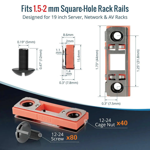 Tool Free Smart Push In Cage Nuts Paired With 12 24 Rack Screws Smoothly Seats In Square Mounts, fits 1.5-2 mm rack rails.