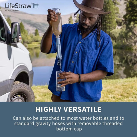 Person using Peak Series Personal Water Filter For Hiking, Camping, Travel, And Emergency Prep, filtering into a glass.