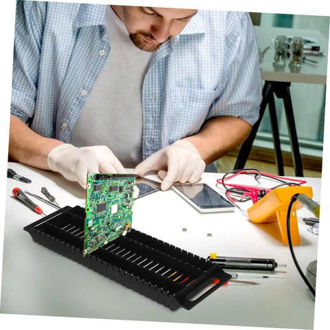 Six Pack Circuit Board Rack Antistatic Holder Stand For PCB Storage And Display with man working on electronics lab bench.