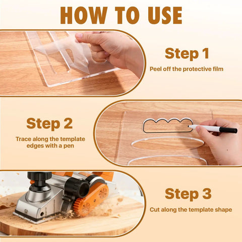How to use five piece router template set for curved handles; peel film, trace and cut for crafting.