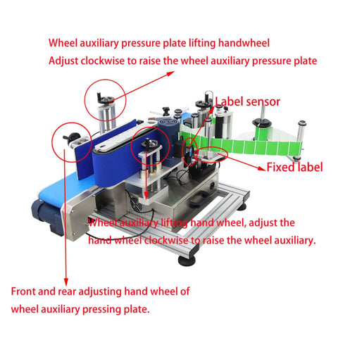 Quick Turnaround Automatic Round Bottle Labeler Processes Twenty To Two Hundred Units Per Minute shows adjustable components on desktop setup.