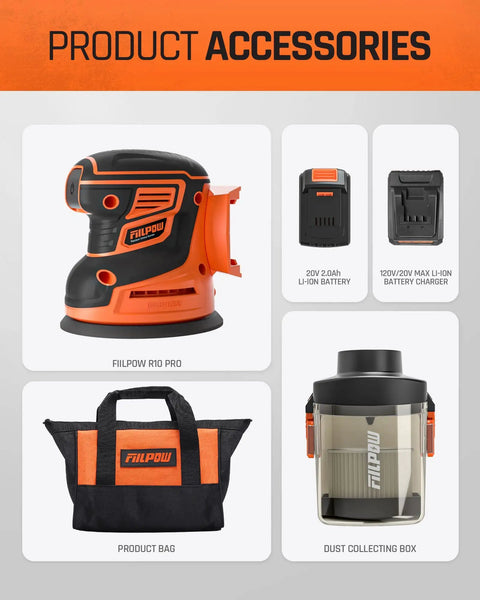 Cordless Random Orbital Sander 20V Brushless With 2.0Ah Battery Micro-Filter Cyclonic Dust Box 12 Sandpapers Carrying Bag included