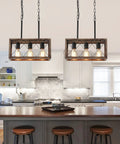 Industrial Farmhouse Three Light Pendant Ceiling Light With Wood Grain Finish over a kitchen island