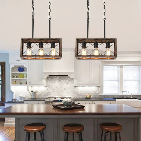 Industrial Farmhouse Three Light Pendant Ceiling Light With Wood Grain Finish over a kitchen island