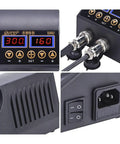 Close-up of control panel and connectors on Pro Grade 2 in 1 Soldering Station With Hot Air Rework 800W, Dual LCD Displays, Digital Temperature Control