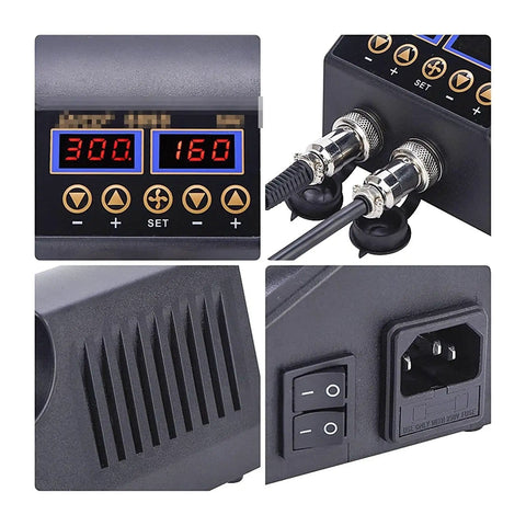 Close-up of control panel and connectors on Pro Grade 2 in 1 Soldering Station With Hot Air Rework 800W, Dual LCD Displays, Digital Temperature Control