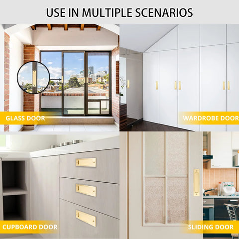 Sliding Barn Door Pull Handles 2 Pack Aluminum Alloy Flush Recessed Rectangular Pulls shown on cupboard, wardrobe, sliding, and glass doors in gold finish