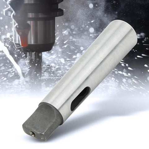 Taper reducing MT3-to-MT2 drill sleeve adapter, side view, gray metal with side slot.