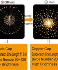 Comparison of two starburst lights, left with plastic cap, right with copper, featuring 2 Pack Starburst Sphere Lights With 200 LED Bulbs, 8 Modes Dimmable Remote Control, Battery Operated Copper Wire Fairy Lights For Patio Parties Christmas, Waterproof Indoor Outdoor.