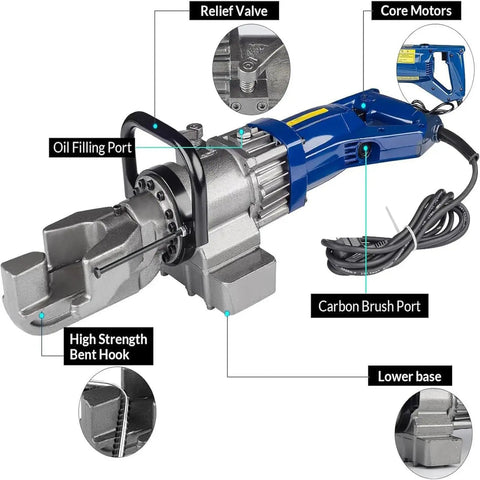 CUTPOIY Electric Rebar Bender 900W Hydraulic Steel Bar Bending Machine showing oil filling port and relief valve.