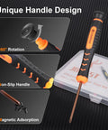 Close-up of Pro Grade PS5 PS4 PS3 Console Repair Kit screwdriver features like 360° rotation, non-slip handle, and magnetic adsorption.