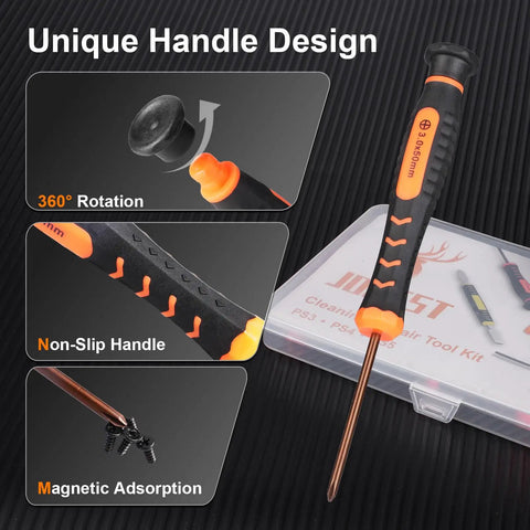 Close-up of Pro Grade PS5 PS4 PS3 Console Repair Kit screwdriver features like 360° rotation, non-slip handle, and magnetic adsorption.