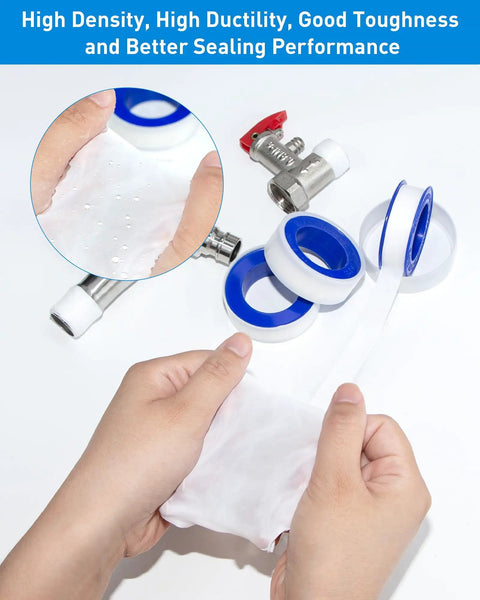 Plumbers Teflon Tape 3 Roll Pack No Leak Seal For Water Pipes And Plumbing Pro Grade High Density Tape Waterproof Durable Seal 390 Inches By 0.47 Inches Blue shown with hands and fittings