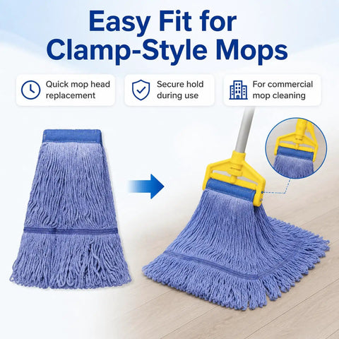 2 Pack Workhorse Mop Head Replacement For Commercial Floor Cleaning Ultra Absorbent Wet Mop Head showing installation on clamp-style mop
