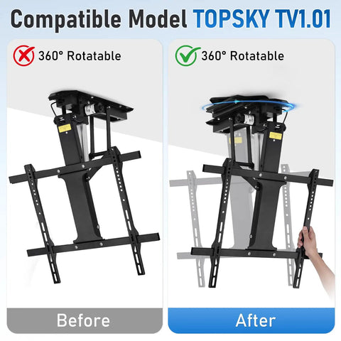 Heavy Duty 360 Degree Turntable Base For Ceiling TV Mounts Smooth As Butter Swivel Upgrade Kit shown in before and after comparison.