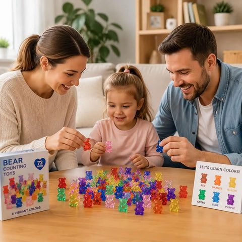 Kid Approved Counting Bears And Math Counters With Storage Bin Montessori Color Sorting Toys For Toddlers Preschool STEM Learning. Family sorting colorful bear toys.