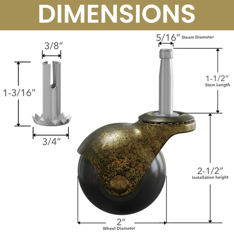 Dimensions of Set Of 4 Antique Brass Swivel Stem Ball Caster Wheels With Socket For Furniture Desks Chairs And Trolleys