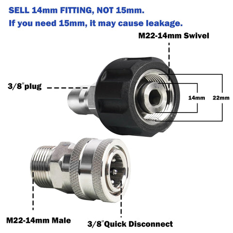 Hourleey stainless steel pressure washer adapter set (front view) with M22-14mm swivel to 3/8 inch quick connect, 8-pack