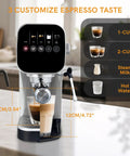 Compact Touchscreen Espresso Machine With Integrated Steam Milk Frother And Programmable Cup Sizing displayed brewing espresso and milk.