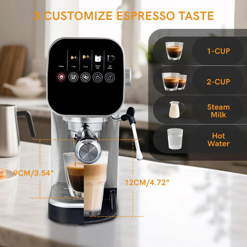 Compact Touchscreen Espresso Machine With Integrated Steam Milk Frother And Programmable Cup Sizing displayed brewing espresso and milk.
