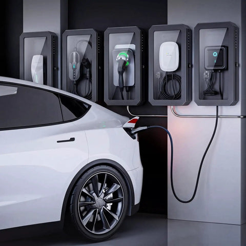 Wall-mounted weatherproof EV charger boxes for outdoor home stations, universal fit for Tesla, shields from rain, snow, sun, dust.
