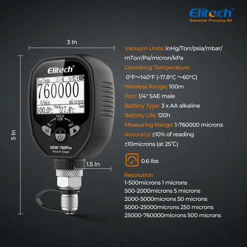 Full Range Micron Gauge For HVAC And Refrigeration, Wireless Digital Vacuum Meter From Zero To Seven Hundred Sixty Thousand Microns, Adapter Included, App Alarms, Offline Recording, One Quarter Inch SAE Port, 3 in display