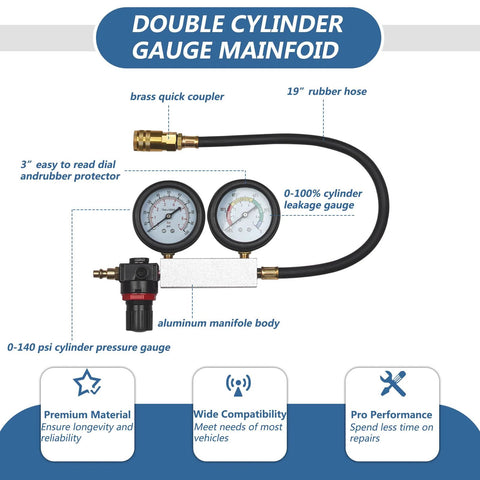 Dual gauge cylinder leak-down tester kit with aluminum manifold, brass quick coupler, 19-inch hose, and two gauges.