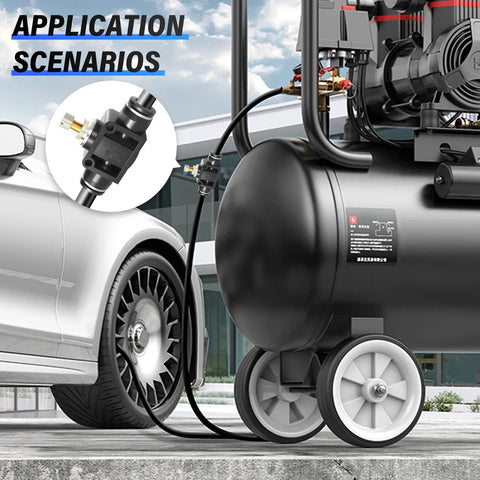 Side view of a portable air compressor with wheels; inset close-up of a 1/4 in push-to-connect inline flow control valve.