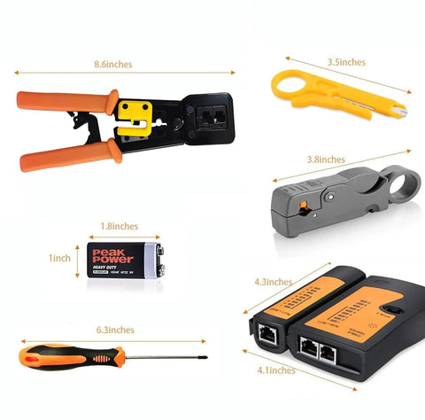 Pass Through Ethernet Crimp Tool Kit For Cat5 Cat5e Cat6 Cables with 50 RJ45 Connectors, 9V Battery Tester, Cutter, and Tools (dimensions)