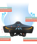 Ultra Wide Memory Foam Bike Seat Cushion For Spin And Exercise Bikes Extra Large 12.6 by 11.4 by 4.7 Inches Thick Cushioned Saddle With Soft Durable Cover Non Slip Red Great For Long Rides. Black memory foam bike seat cushion with vent design and double spring base.