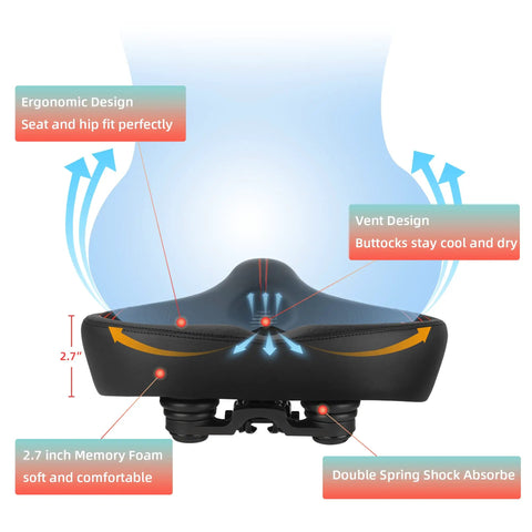 Ultra Wide Memory Foam Bike Seat Cushion For Spin And Exercise Bikes Extra Large 12.6 by 11.4 by 4.7 Inches Thick Cushioned Saddle With Soft Durable Cover Non Slip Red Great For Long Rides. Black memory foam bike seat cushion with vent design and double spring base.