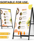 Heavy Duty 24x36 Outdoor A Frame Signs Double Sided Sandwich Board with menu poster displayed, wind-resistant iron frame